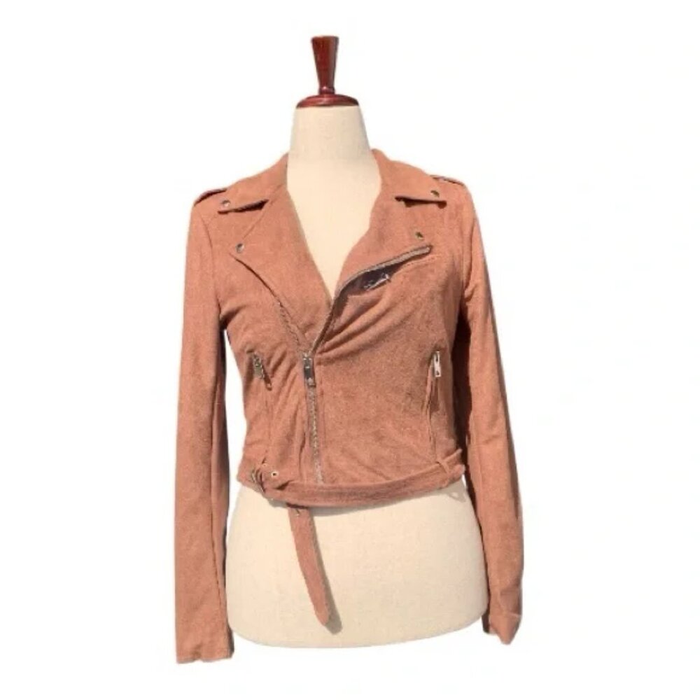 Lulu's "Ride With Me" Tan Faux Suede Motorcycle Zipper Jacket‎ Biker Travel Sz M